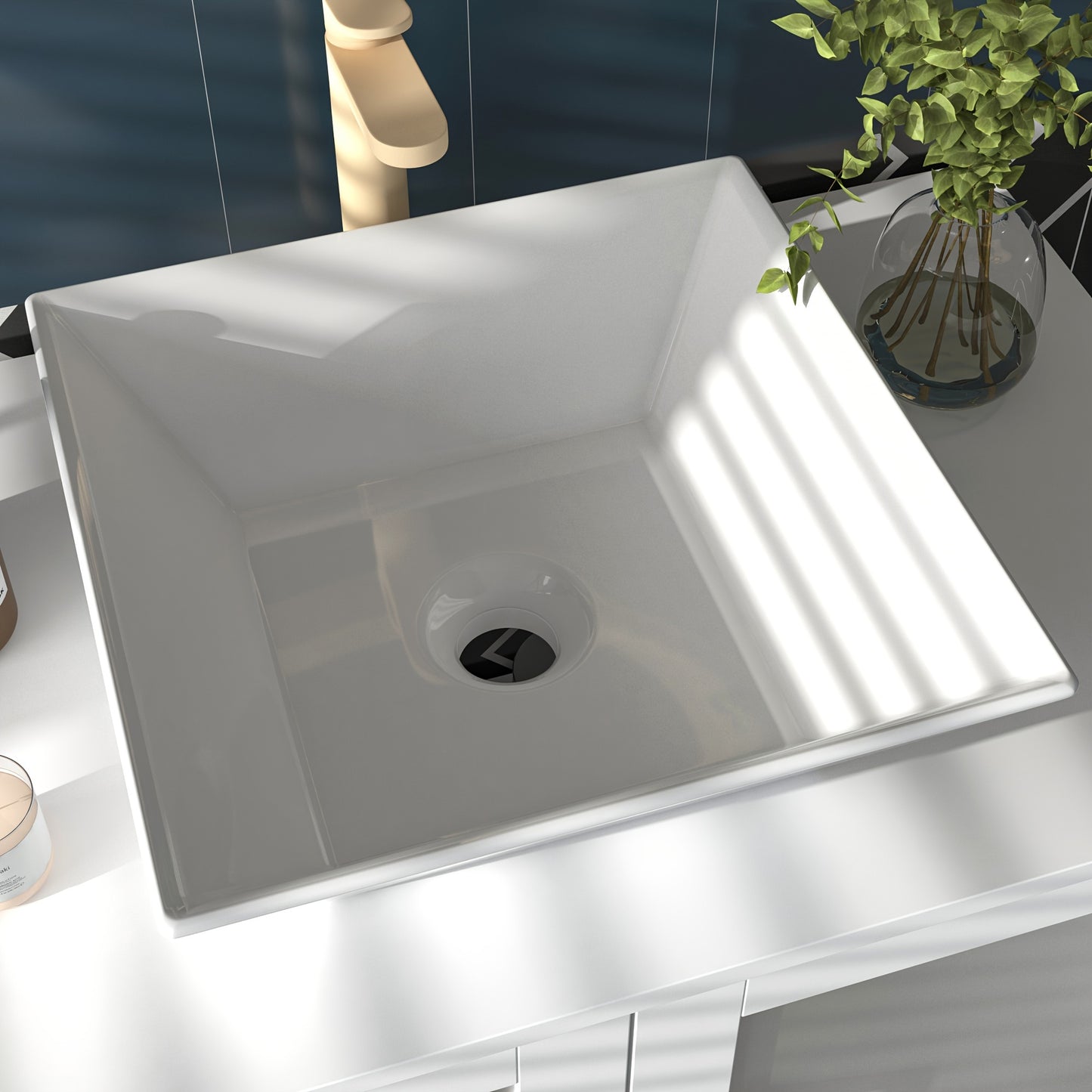 Modern bathroom vanity cabinet with porcelain sink provides a simplified storage solution