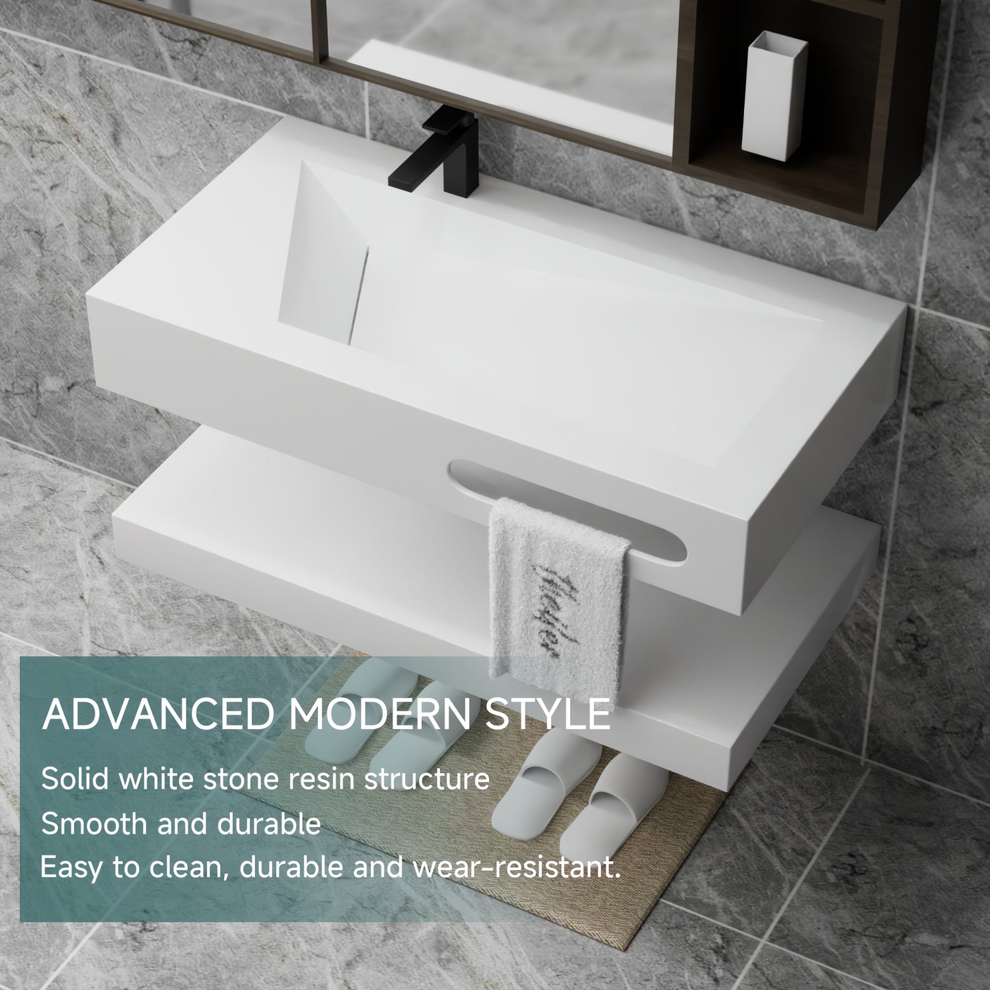 Double-layer wall-mounted stone bathroom sink rectangular basin bathroom suspended vanity sink modern art basin with shelf