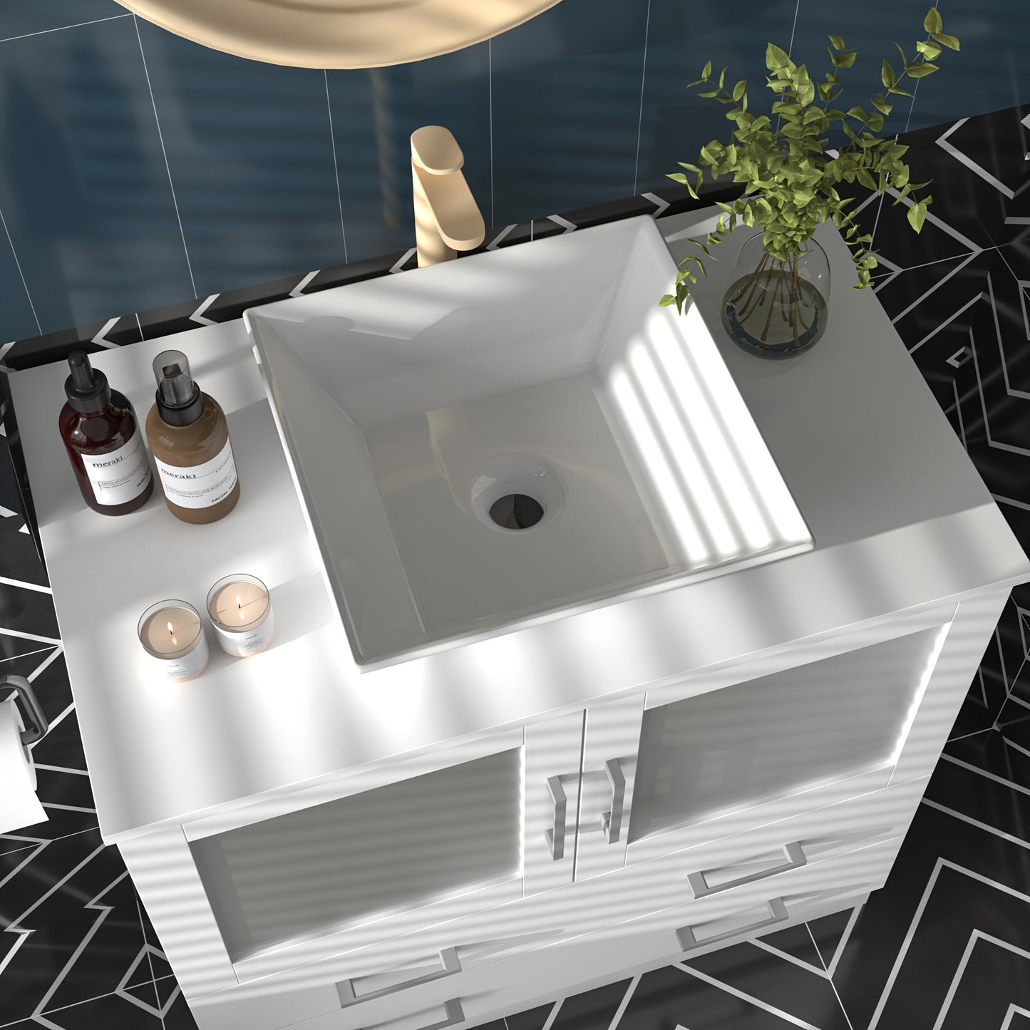 Modern bathroom vanity cabinet with porcelain sink provides a simplified storage solution