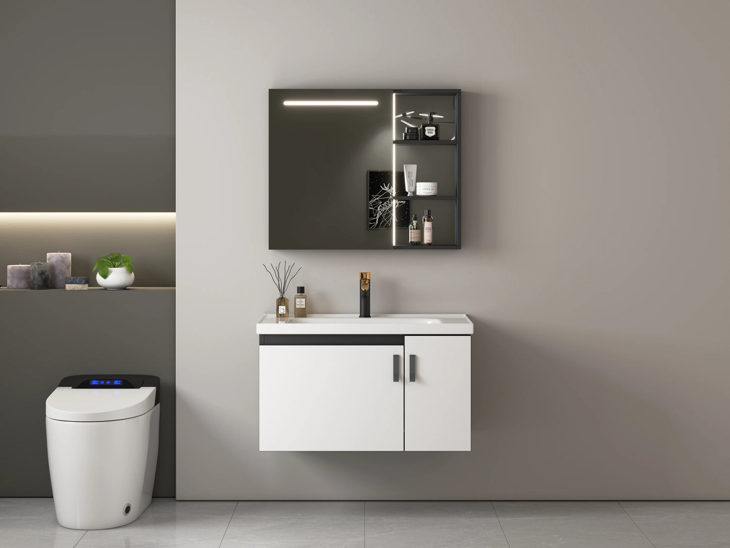 Designer Series Modern Rectangular Bathroom Mirror Aluminum Basin Cabinet Set