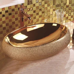 Luxury Royal Washbasin Countertop Ceramic Artware Washing Gilded Basin Bowl Oval Gold Bathroom Basin Sink