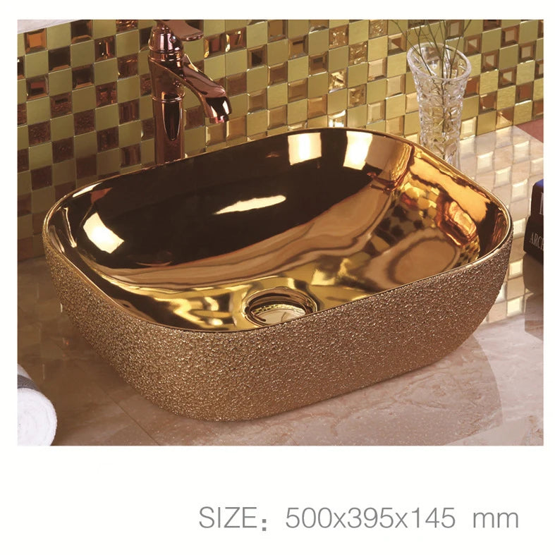 Luxury Royal Washbasin Countertop Ceramic Artware Washing Gilded Basin Bowl Oval Gold Bathroom Basin Sink