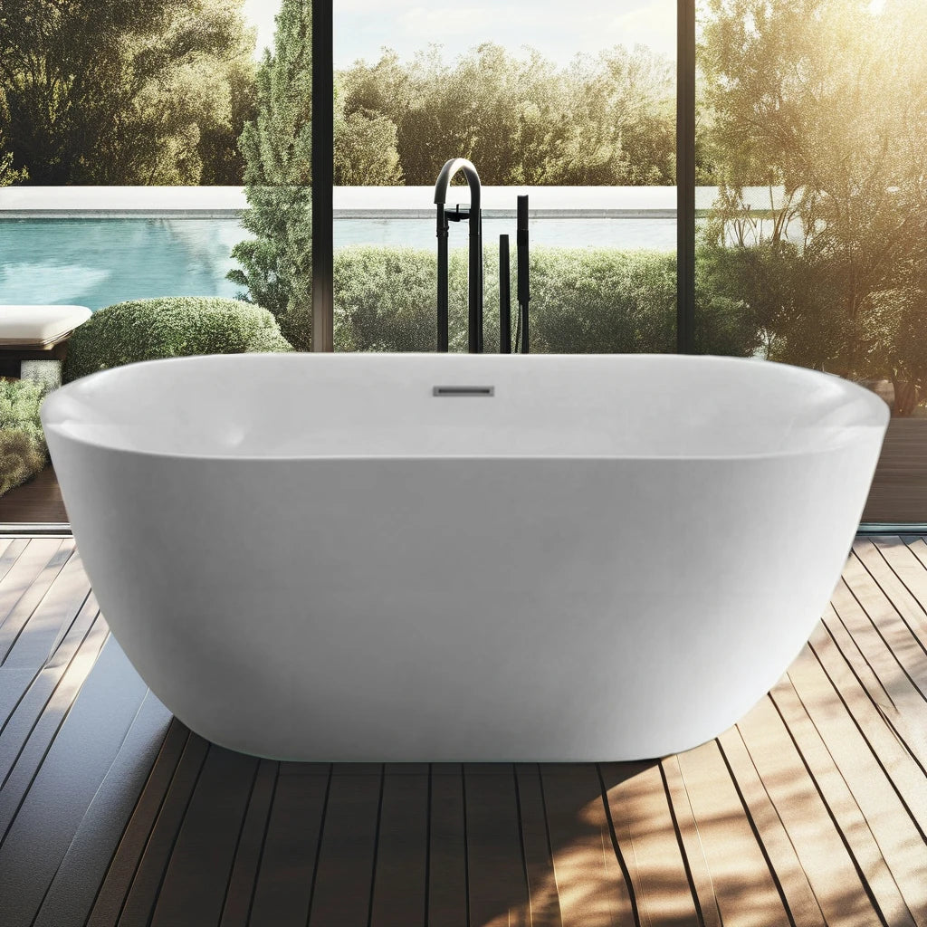 Modern Luxury Freestanding White Acrylic Bathtub for Adults Hotel-Style Solid Surface Outdoor Soaking Bath with Drainer Hot Tubs