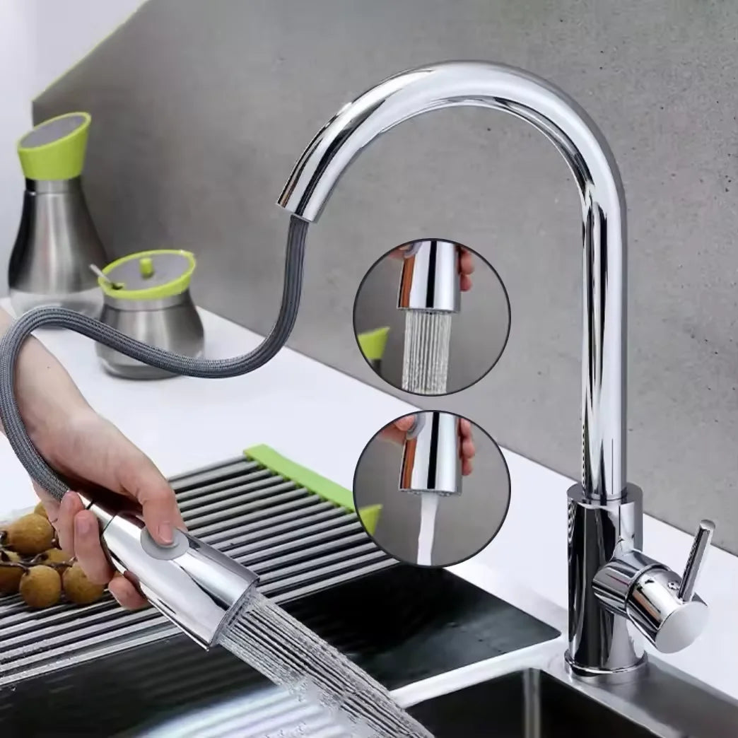 Modern Kitchen Faucet Stainless Steel Pull down Hot and Cold Water Tap with Universal Expansion Spillproof Ceramic Valve Core