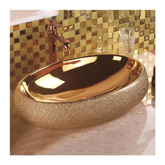 Luxury Royal Washbasin Countertop Ceramic Artware Washing Gilded Basin Bowl Oval Gold Bathroom Basin Sink