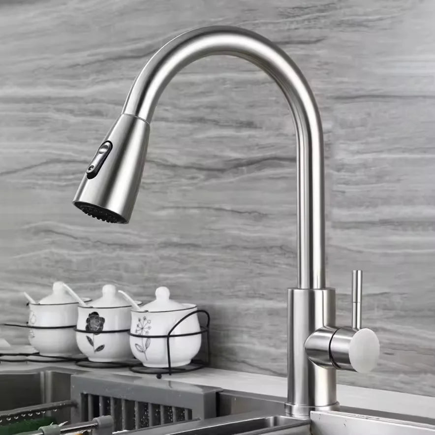 Modern Kitchen Faucet Stainless Steel Pull down Hot and Cold Water Tap with Universal Expansion Spillproof Ceramic Valve Core