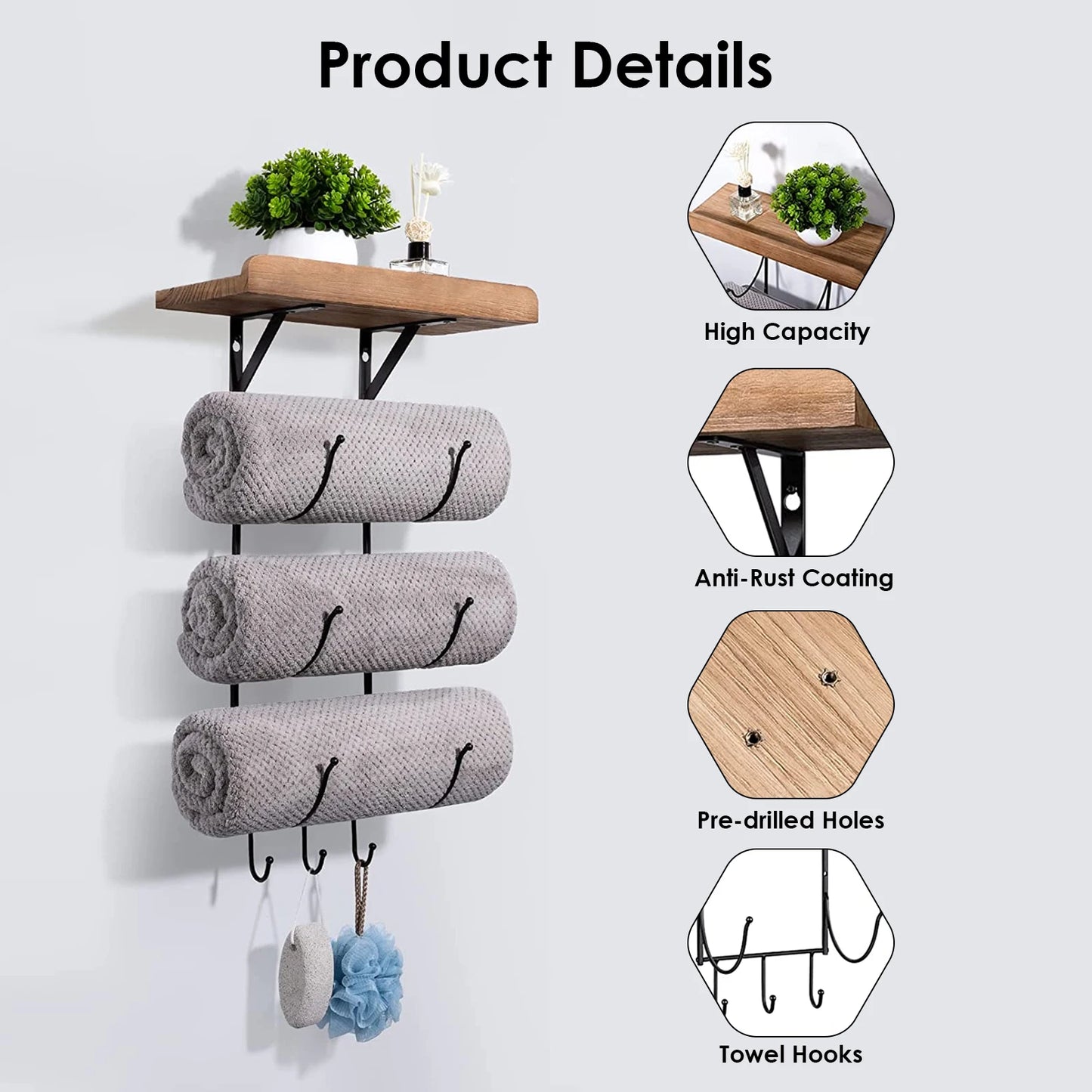 Bathroom wall mounted towel rack, metal towel rack storage hand towel wooden rack and 3 small bathroom hooks