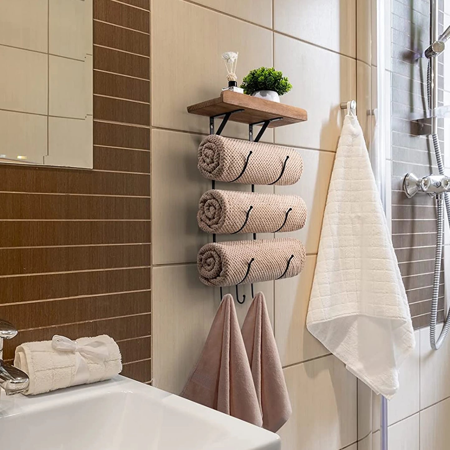 Bathroom wall mounted towel rack, metal towel rack storage hand towel wooden rack and 3 small bathroom hooks