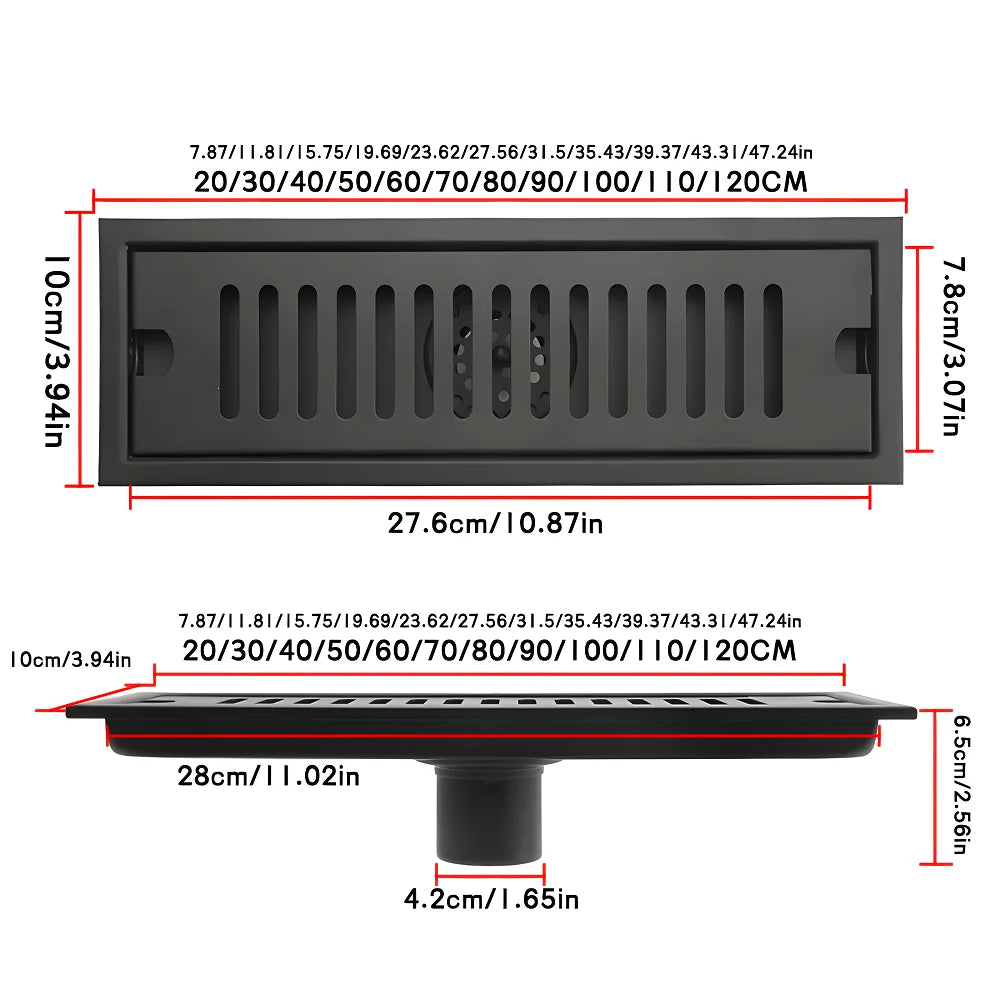 10*20-120cm T6 Linear SUS304 Long Floor Drain Stainless Steel Shower Floor Drain for Bathroom and Shower Room Drainage System