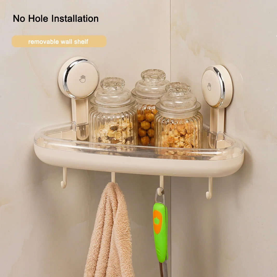 Wall Mounted Suction Cup Triangle Bottom Drain Storage Rack Plastic Bathroom Corner Shelf with Wall Hook