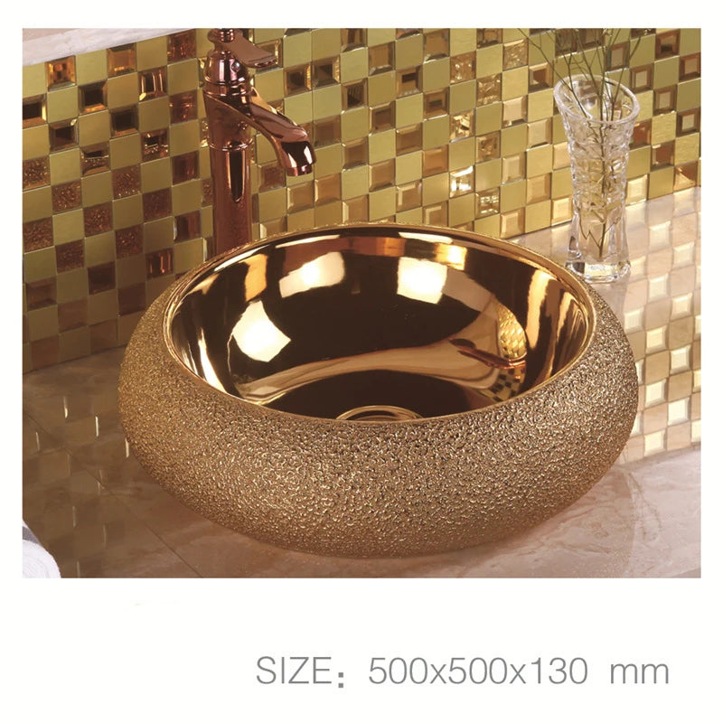 Luxury Royal Washbasin Countertop Ceramic Artware Washing Gilded Basin Bowl Oval Gold Bathroom Basin Sink