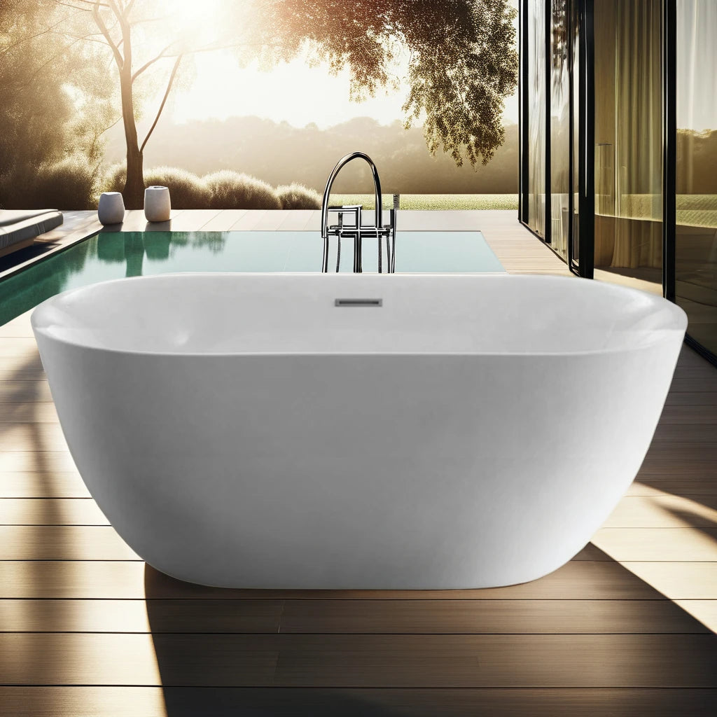 Modern Luxury Freestanding White Acrylic Bathtub for Adults Hotel-Style Solid Surface Outdoor Soaking Bath with Drainer Hot Tubs