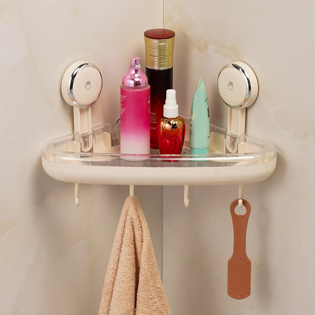 Wall Mounted Suction Cup Triangle Bottom Drain Storage Rack Plastic Bathroom Corner Shelf with Wall Hook