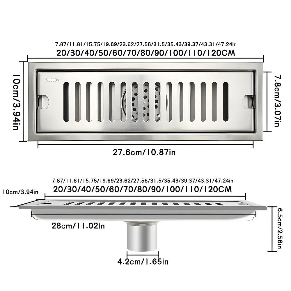 10*20-120cm T6 Linear SUS304 Long Floor Drain Stainless Steel Shower Floor Drain for Bathroom and Shower Room Drainage System