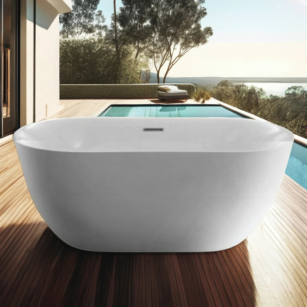 Modern Luxury Freestanding White Acrylic Bathtub for Adults Hotel-Style Solid Surface Outdoor Soaking Bath with Drainer Hot Tubs