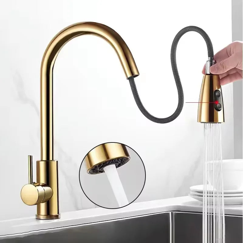 Modern Kitchen Faucet Stainless Steel Pull down Hot and Cold Water Tap with Universal Expansion Spillproof Ceramic Valve Core