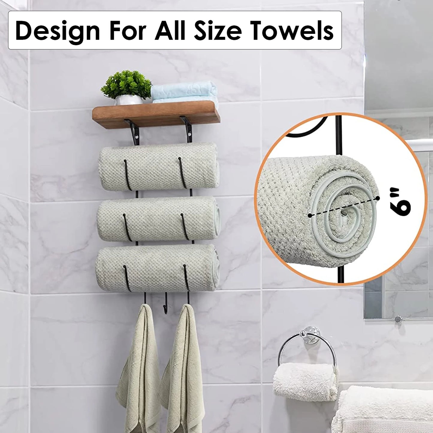 Bathroom wall mounted towel rack, metal towel rack storage hand towel wooden rack and 3 small bathroom hooks