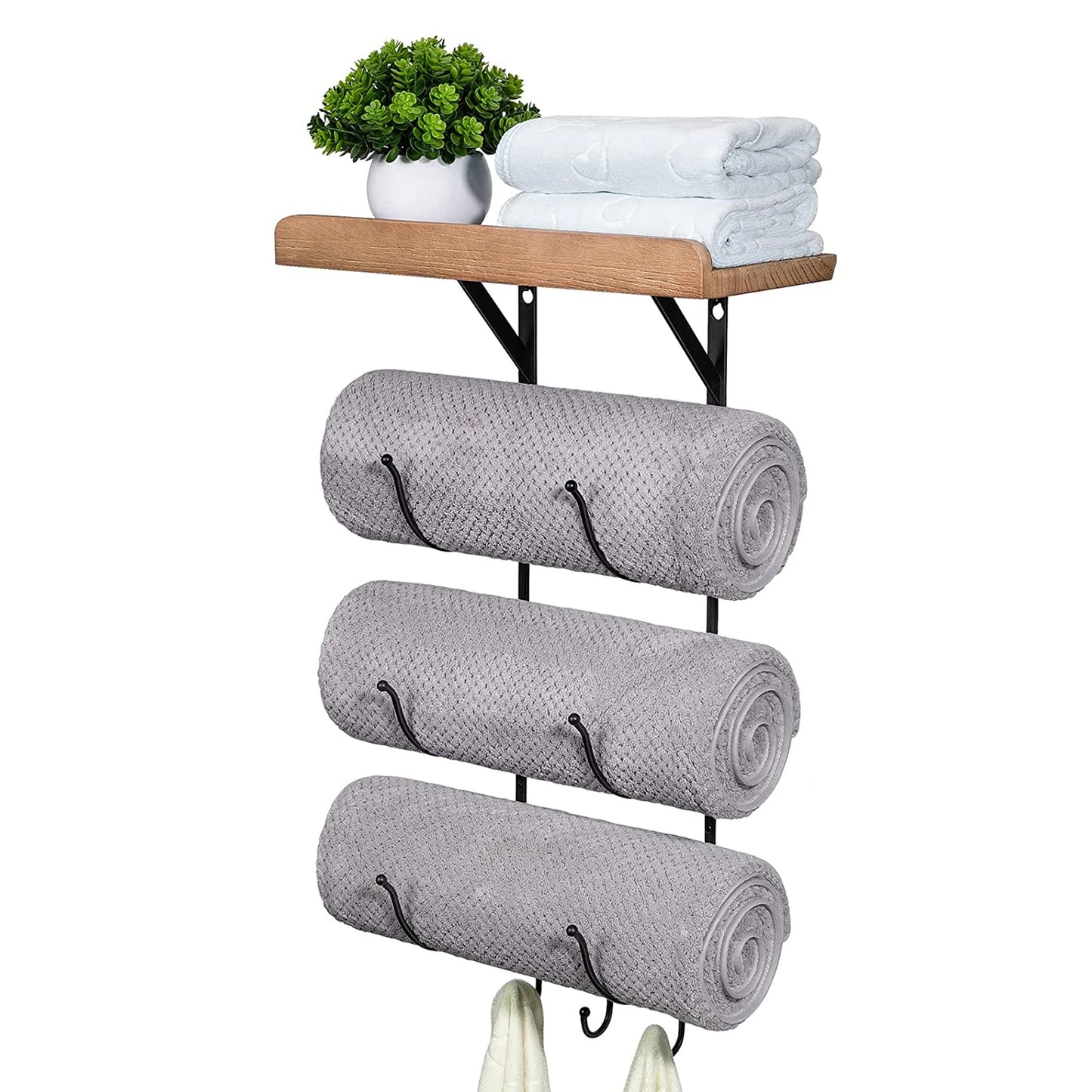 Bathroom wall mounted towel rack, metal towel rack storage hand towel wooden rack and 3 small bathroom hooks