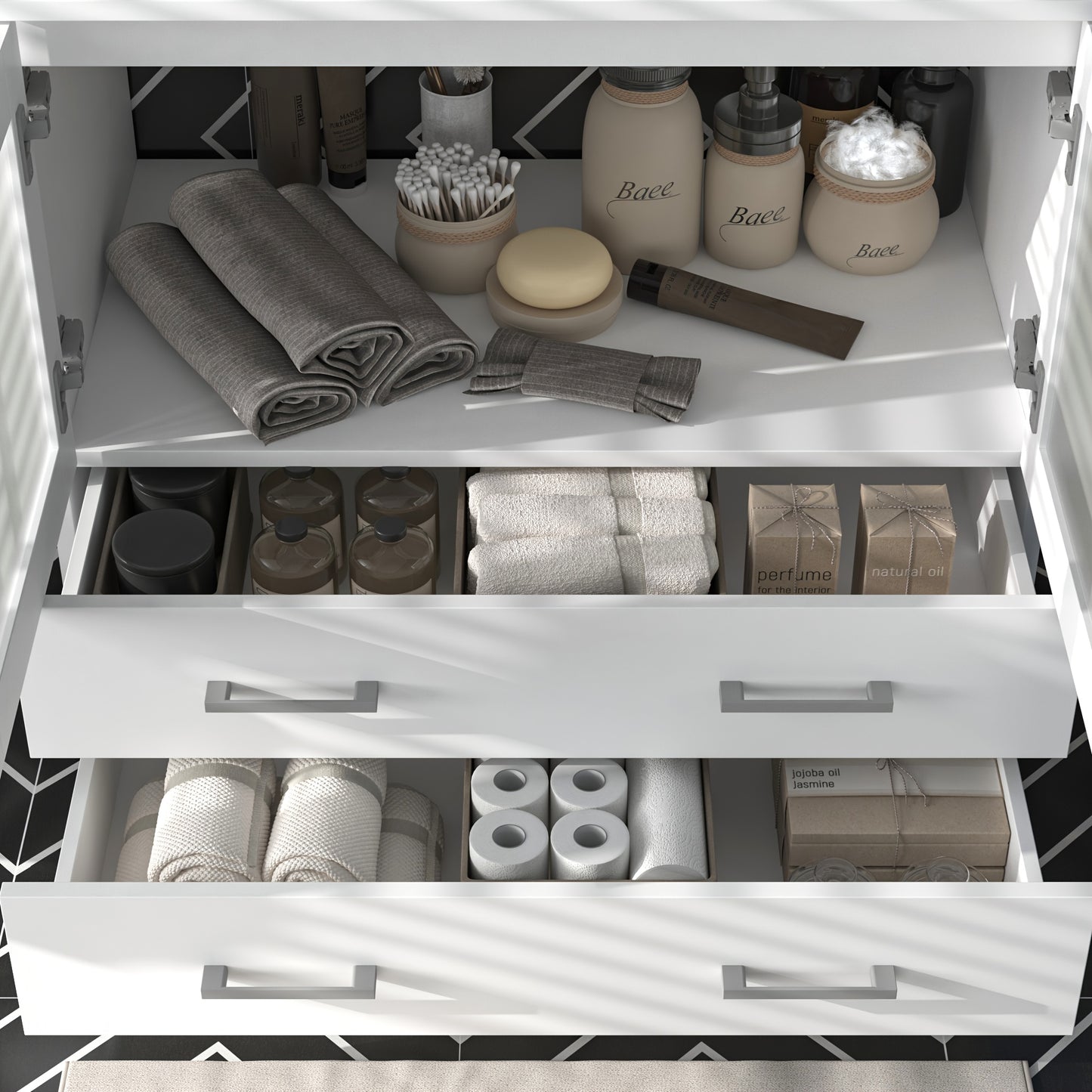 Modern bathroom vanity cabinet with porcelain sink provides a simplified storage solution