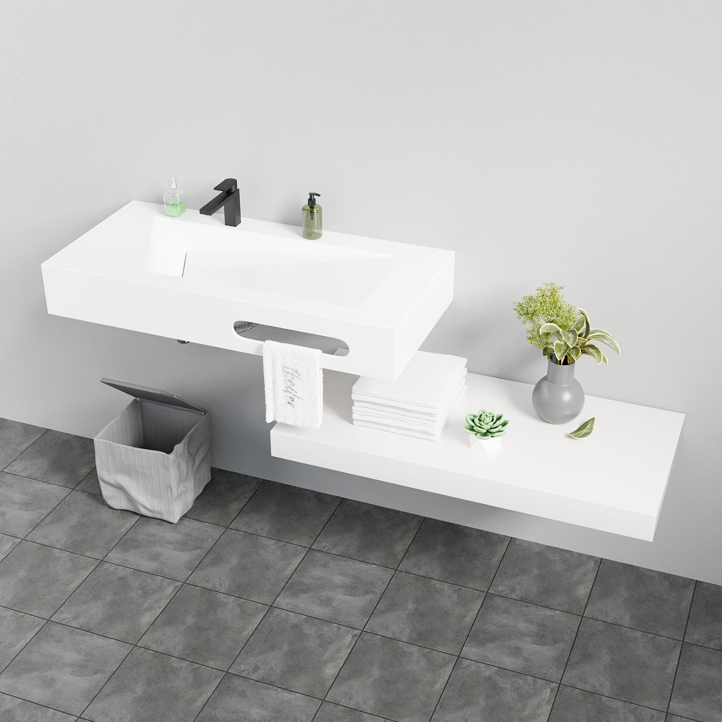 Double-layer wall-mounted stone bathroom sink rectangular basin bathroom suspended vanity sink modern art basin with shelf