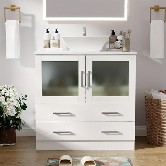 Modern bathroom vanity cabinet with porcelain sink provides a simplified storage solution