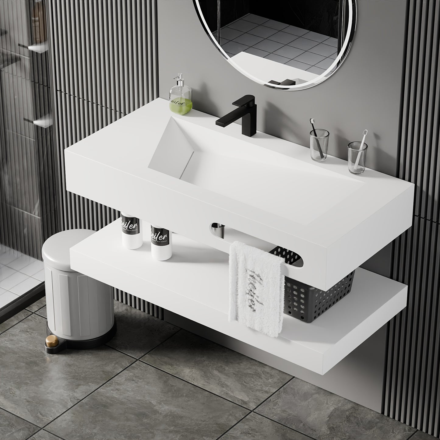 Double-layer wall-mounted stone bathroom sink rectangular basin bathroom suspended vanity sink modern art basin with shelf