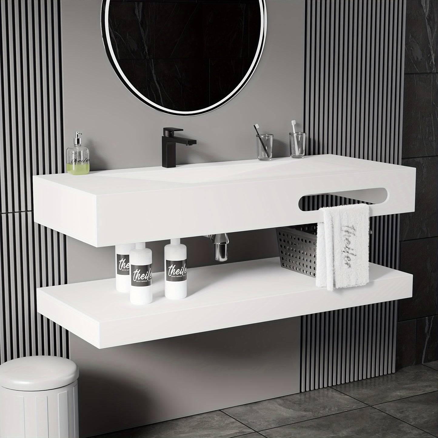 Double-layer wall-mounted stone bathroom sink rectangular basin bathroom suspended vanity sink modern art basin with shelf